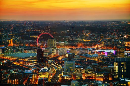 Aerial overview of London city at the sunset time
