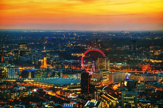 Aerial overview of London city at the sunset time