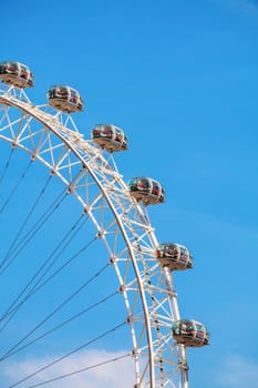 LONDON - APRIL 12: The London Eye Ferris wheel close-up on April 12, 2015 in London, UK. The entire structure is 135 metres tall and the wheel has a diameter of 120 metres.