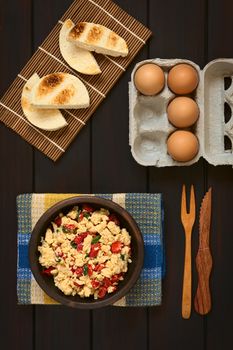Overhead shot of scrambled eggs made with red bell pepper and green onion in rustic bowl with toasted bread and eggs, photographed on dark wood with natural light