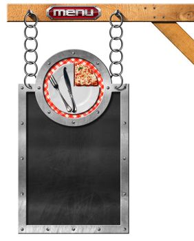 Empty blackboard with metal frame hanging from a metal chain, white plate with a slice of pizza and cutlery. Template for a pizza menu isolated on white