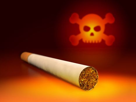 Skull and cigarette. 3d Illustration of anti-smoking concept.