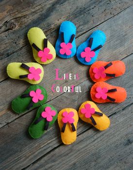 Life is colorful, a message from abstract idea, group of sandals in vibrant color, make from fabric, handmade gift from beautiful life
