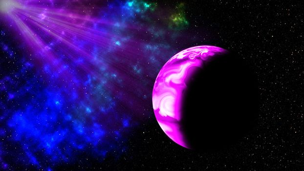 Purple light andt planet in space, Ilustration.