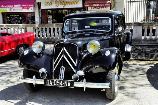 Citroen front-wheel Drive black photographed vintage car rally Town Hall Square in the town of Ales