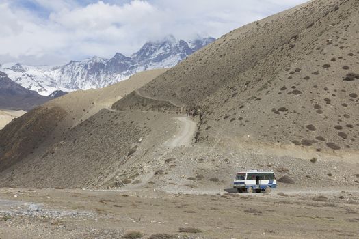 Local bus at Kagbeni city in lower Mustang district, Nepal. It runs between Jomsom and Muktinath.