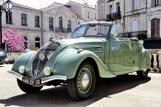 Peugeot 302 manufactured from 1936 to 1938 photographed the rally of vintage cars Town Hall Square in the town of Ales, in the Gard department