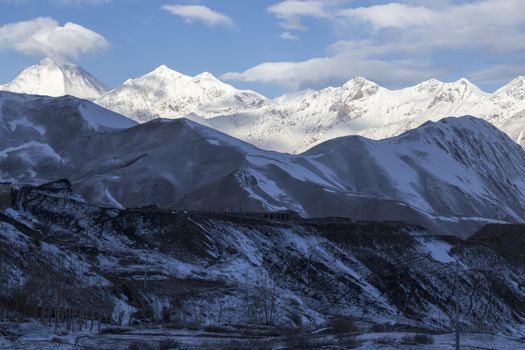Muktinath village in the morning before sunrise. All area cover by snow.
This is one of the path of Annapurna Circuit trail, Nepal.