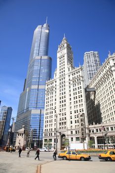 Michigan Avenue in Chicago, with the Wrigley Building, Trump Tower and pedestrians.