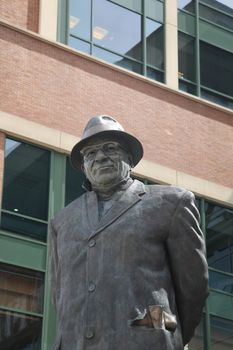 Vince Lombardi statue at historic Lambeau Field in Wisconsin. The Packers NFL football stadium is sometimes referred to as the Frozen Tundra.