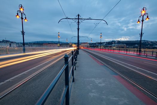 City lights on Margaret bridge in Budapest, Hungary