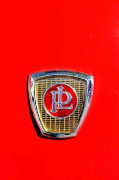 Panhard brand on the hood of a PL17 manufactured in 1959 photographed the rally of vintage cars Town Hall Square in the town of Ales, in the Gard department
