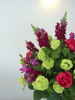 Exotic bouquet of hydrangeas, orchids, snapdragons, peonies and other rare flowers