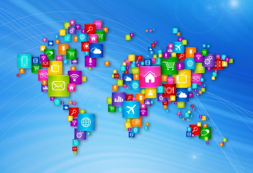 World Map Flying Desktop Icons collection. Cloud Computing concept