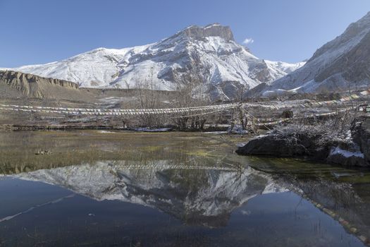 Landscape of Muktinath village in lower Mustang District, Nepal. This photo was shot in early morning.
Area was cover by snow.