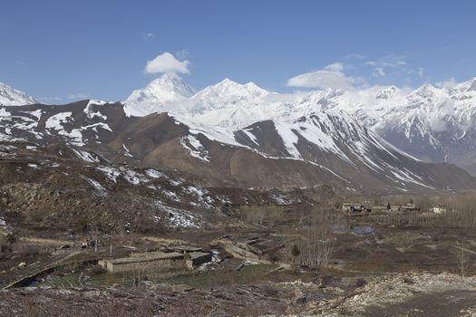 Landscape of Muktinath village in lower Mustang District, Nepal. This photo was shot in early morning.
Area was cover by snow.