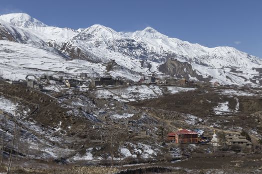 Local houses at Muktinath village in lower Mustang district, Nepal. This photo was shot in early morning.
Area was cover by snow.