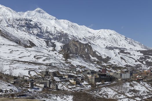 Local houses at Muktinath village in lower Mustang district, Nepal. This photo was shot in early morning.
Area was cover by snow.