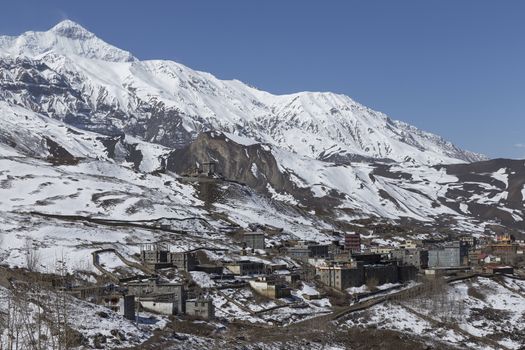 Local houses at Muktinath village in lower Mustang district, Nepal. This photo was shot in early morning.
Area was cover by snow.