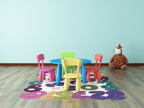 preschool or kids room with colorful table, chair with carpet interior design