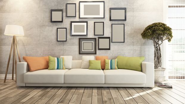 living room or saloon interior design photo frames 3d rendering