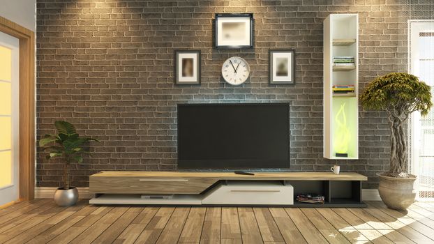 3D rendering tv room, salon or living room with brick wall plant and tv design by sedat seven
