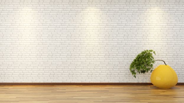 bonsai tree in the yellow vase front white brick wall by sedat seven