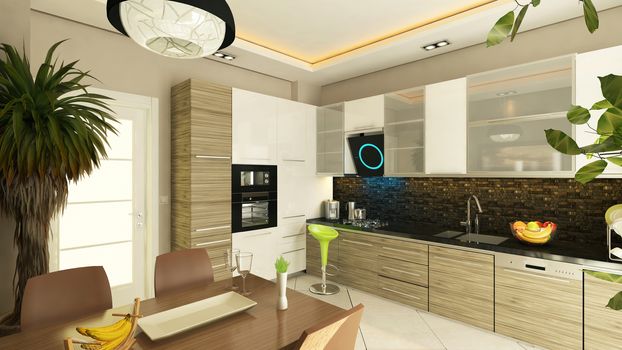 3D rendering modern kitchen design with flush cabinet by Sedat SEVEN