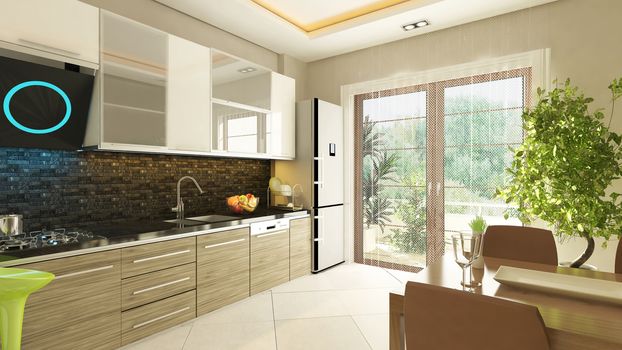3D rendering modern kitchen design with flush cabinet by Sedat SEVEN