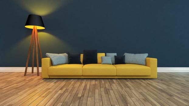 yellow seat with colorful pillow front dark blue wall 3d rendering 