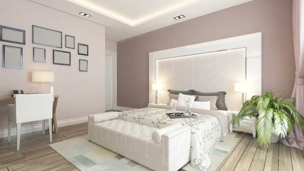 modern bedroom design with pink wall, plant and frames by Sedat SEVEN