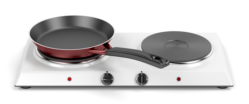 Double hot plate and frying pan on white background