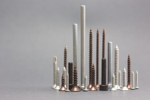 Set of screws on gray background