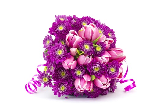  Bouquet made of tulips and chrysanthemum flowers on white background
 