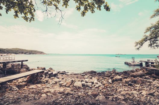 Beach rock and blue sea in Thailand vintage