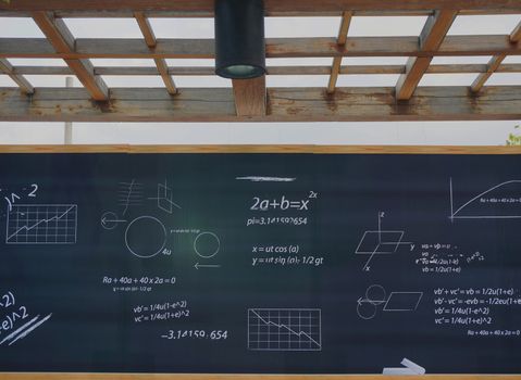 Mathematic formulas on a blackboard outside the classroom at school.                             