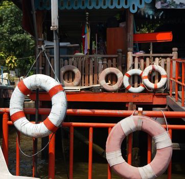 Old lifebuoy swimming ring for security at riverside in Thailand.                               