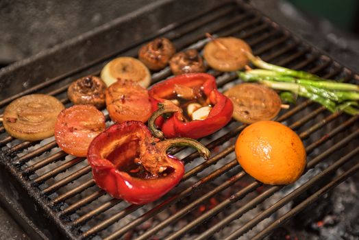 Different vegetables on the grill preparing 
