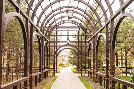 big luxury dark wooden archway in garden