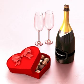 Chocolate box with a champagne and two glasses. This illustration symbolizes the meeting of two lovers