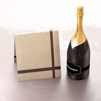 This illustration contains a champagne bottle and a greeting card with copy left to express wish.