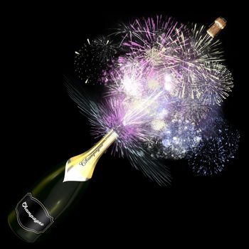 Opened bottle of champagne with giant fireworks. This illustration symbolizes the celebration of an exceptional event.