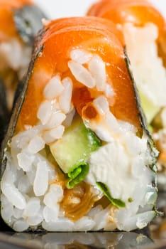 Japanese rolls with salmon close-up shot