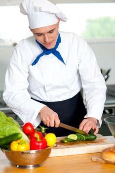 Male chef cutting vegetables on cutting board