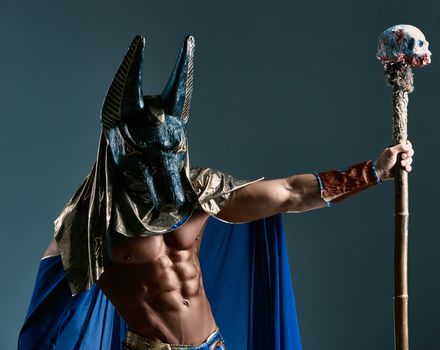 The man in the image of the ancient Egyptian Pharaoh  with a  mask of  Anubis on his face on blue background