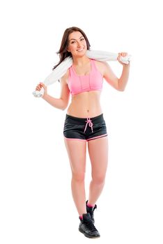 beautiful brunette after workout on white background