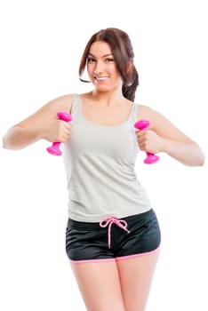 trainer exercising with dumbbells in studio