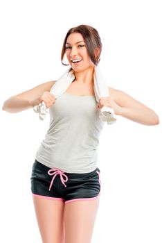 young girl athlete with a terry towel white