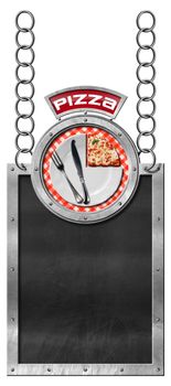 Empty blackboard with metal frame and text pizza, hanging from a metal chain, white plate with a slice of pizza and cutlery. Isolated on white