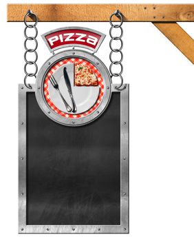 Empty blackboard with metal frame hanging from a metal chain, white plate with a slice of pizza and cutlery. Template for a pizza menu isolated on white